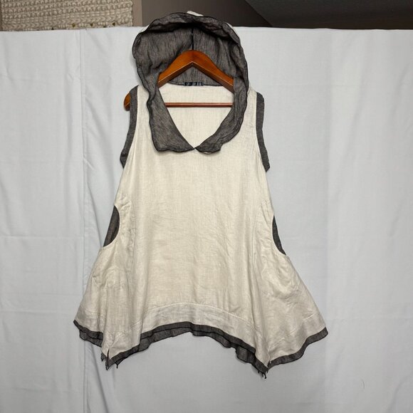 Oatmeal Black 100% Linen  Hooded Sleeveless Lagenlook Loose Fit Tunic Top Size L - Picture 1 of 12